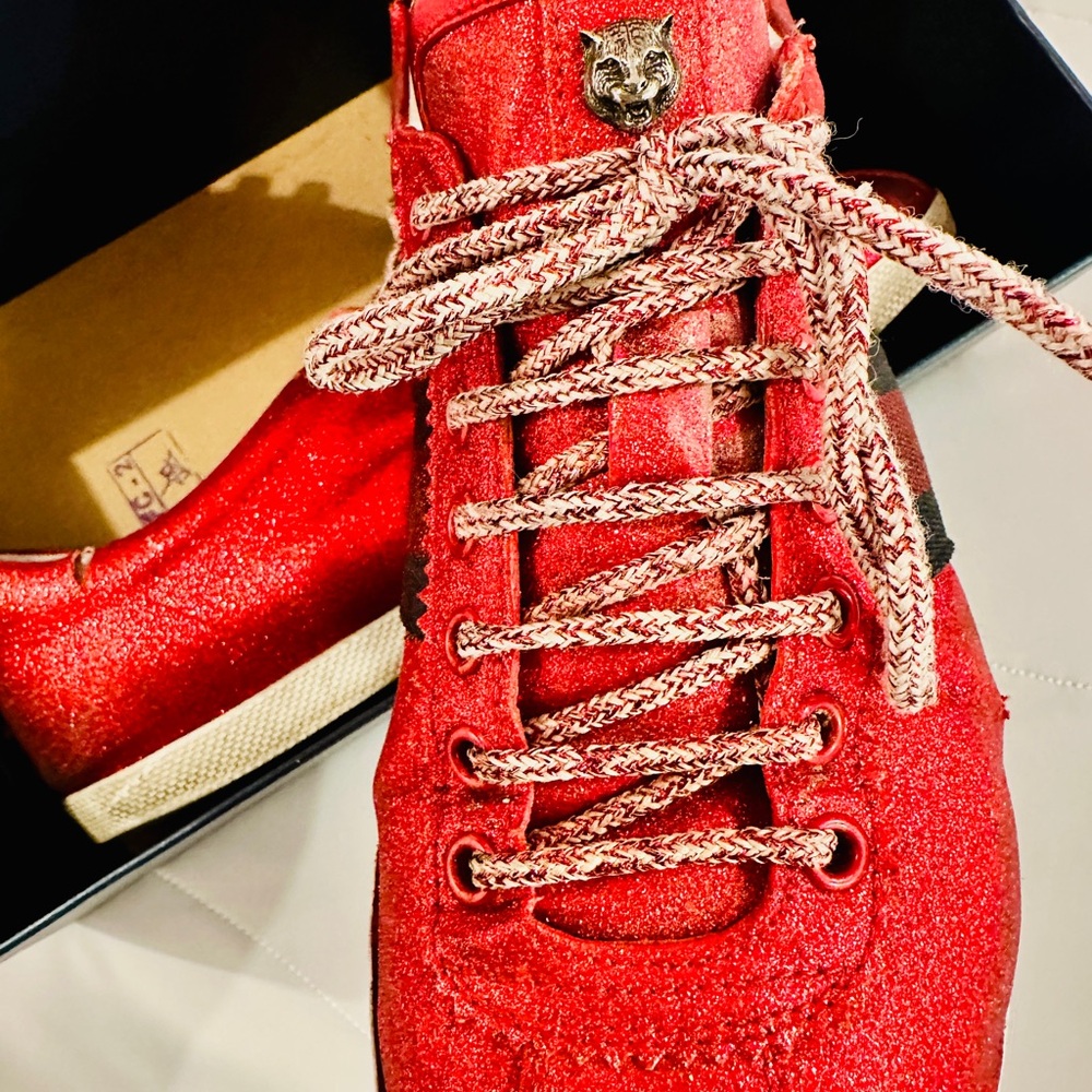 Red Gucci Bambi Ace Glitter Shoes